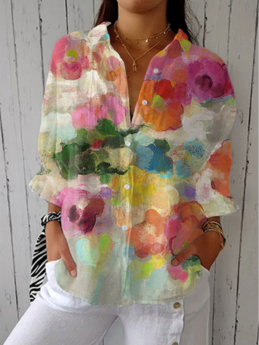 Multicolor watercolor-print blouse with long sleeves and buttoned front