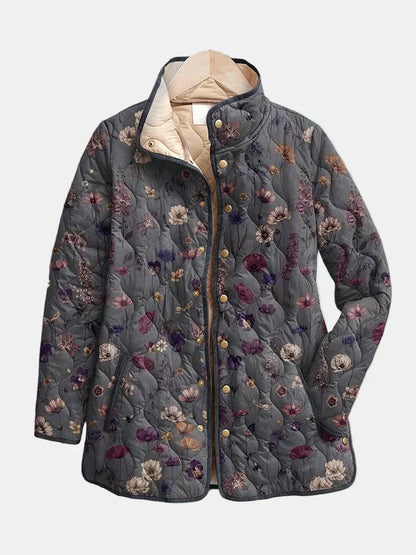 Quilted vintage floral print jacket with dark fabric and button front, long sleeves