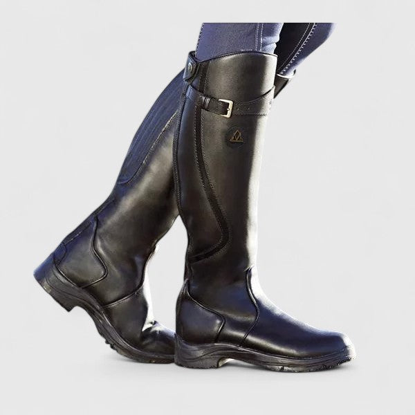 Dark brown orthopedic boots with side zip and buckle strap