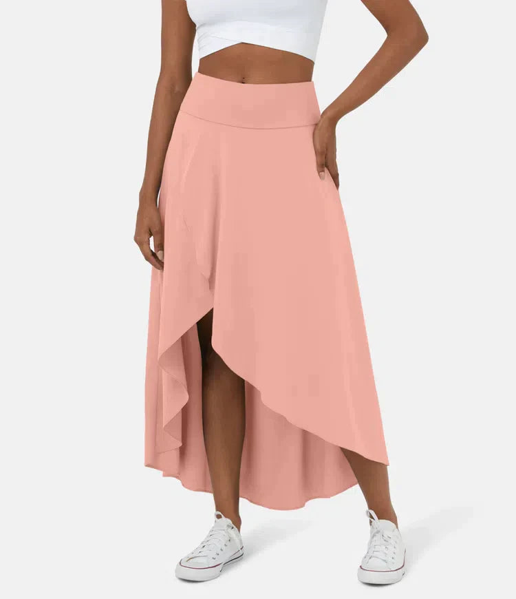AMELIE asymmetric midi skirt in blush pink with high waist and layered high-low hem