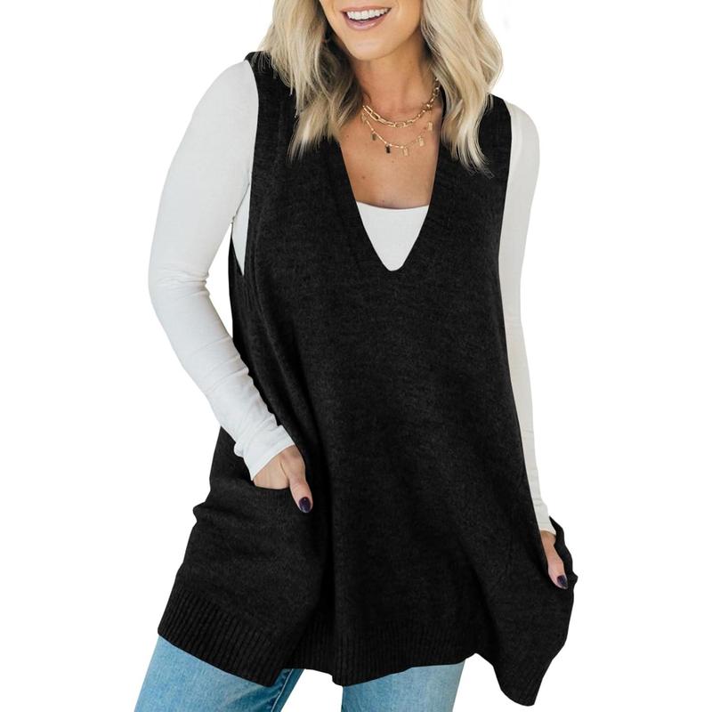 Black knit sleeveless tunic vest with V-neck and side pockets, hip-length hem