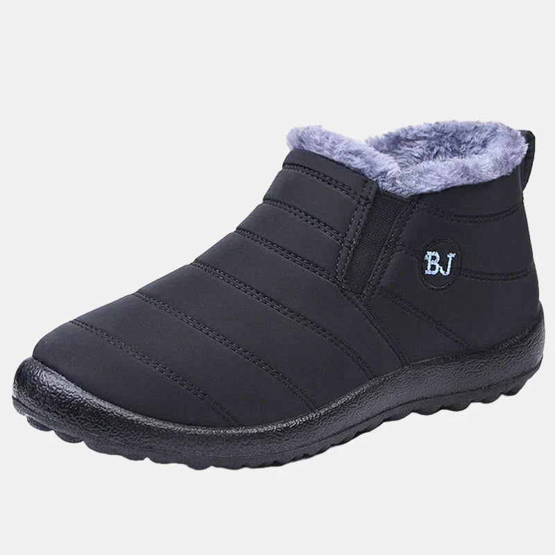 Navy blue waterproof winter ankle boots with gray faux-fur lining and grippy sole