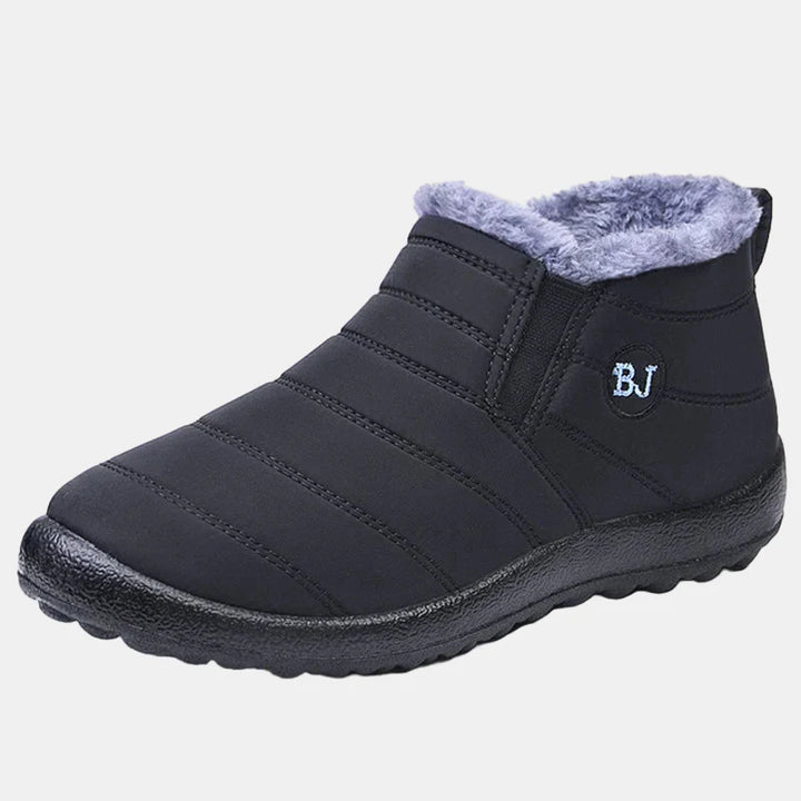 Navy blue waterproof winter ankle boots with gray faux-fur lining and grippy sole