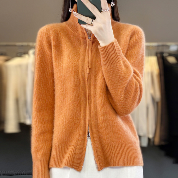 Orange zip-up knit sweater with stand collar and ribbed cuffs