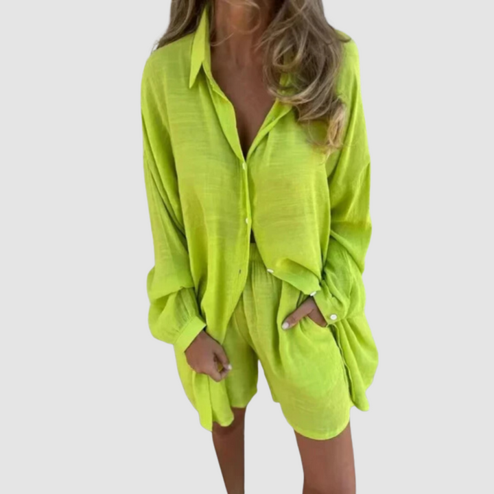 Green button-up blazer and pencil skirt set, long sleeves, button front