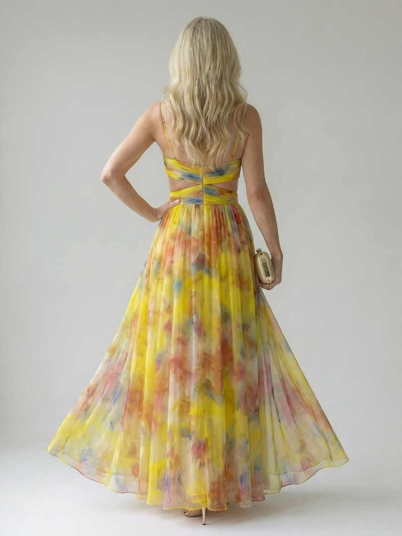 Multicolor soft wrap maxi dress back view, sleeveless V-neck and twined waist