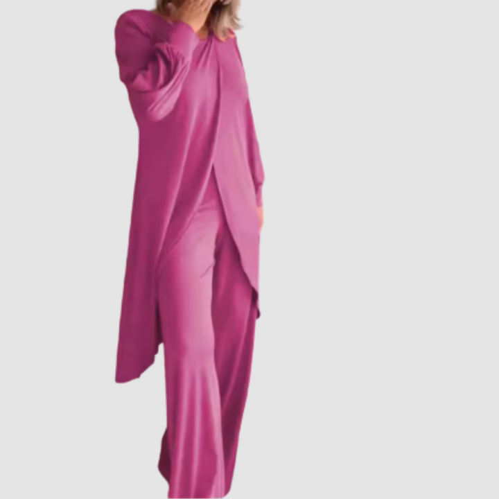 Laine™ longline top and trousers set, pink with side slit