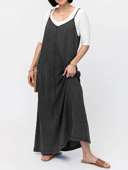 Black denim-look loose maxi dress with V neckline and thin spaghetti straps