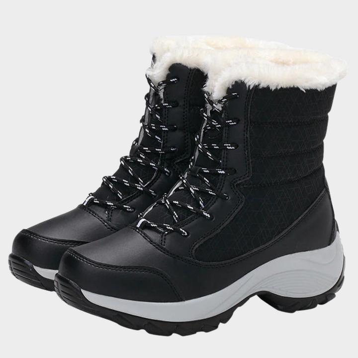 Black winter boots with lace-up front, textured side panels, and white faux-fur collar.