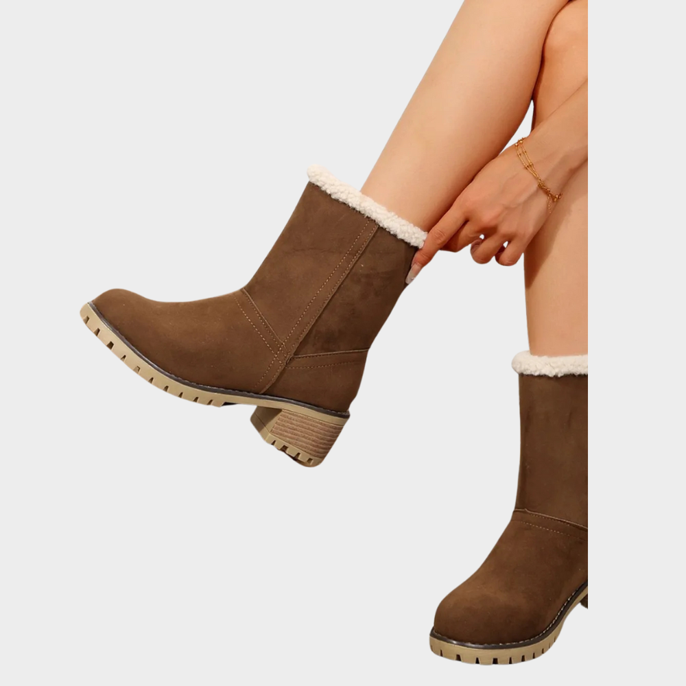 Brown suede mid-heel winter boots with sherpa trim and block-heel lug sole