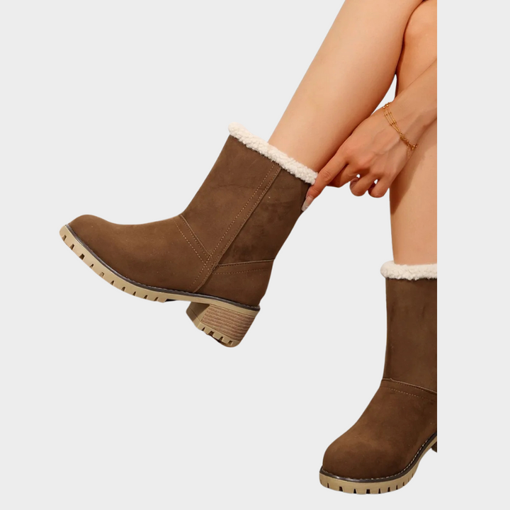 Brown suede mid-heel winter boots with sherpa trim and block-heel lug sole