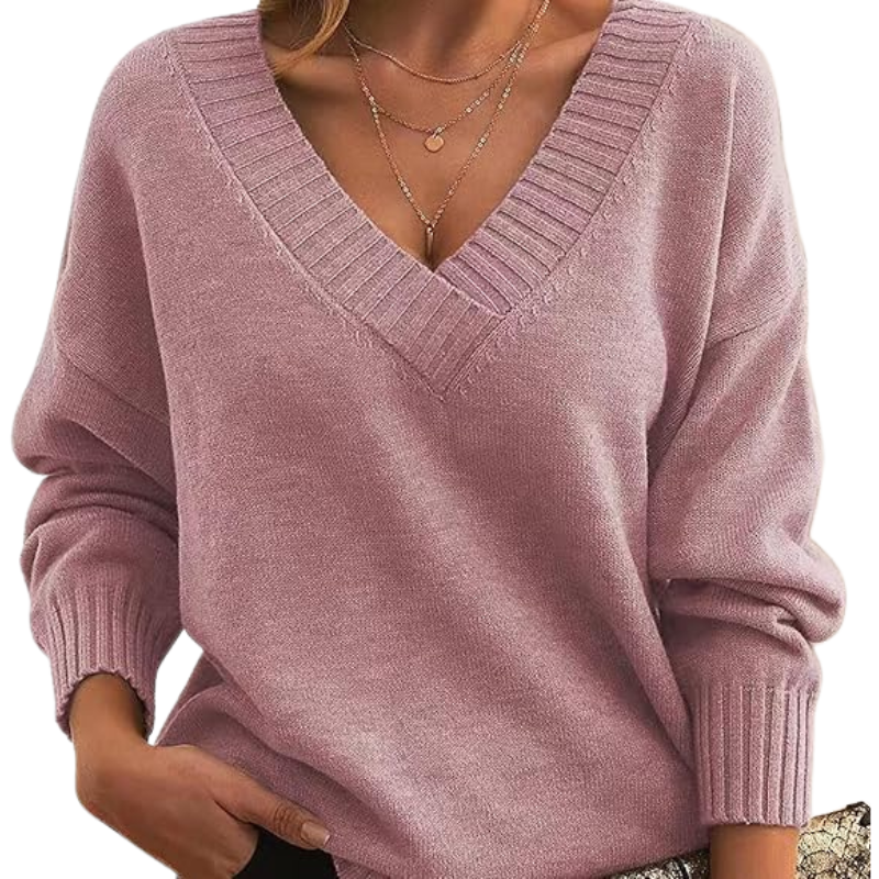 Lightweight V-neck sweater, rose pink knit with ribbed V-neck and cuffs