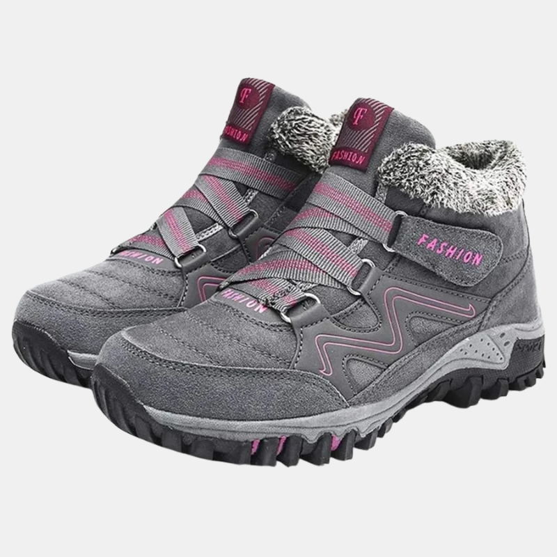 Gray orthopedic shoes with faux-fur collar and pink trim straps, grippy tread sole