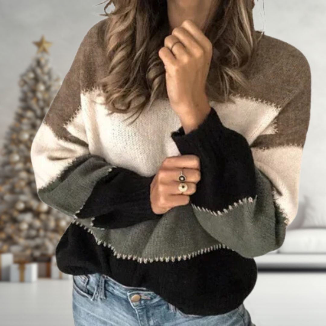 Colorblock knit sweater with black, off-white, and gray-green bands; crew neckline.