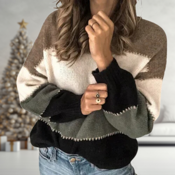 Colorblock knit sweater with black, off-white, and gray-green bands; crew neckline.