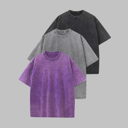 3-pack washed crew-neck T-shirts in purple, light gray, and dark gray