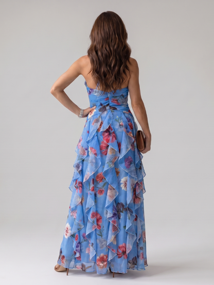Blue floral maxi dress with halter back, ruched waist and tiered ruffle hem