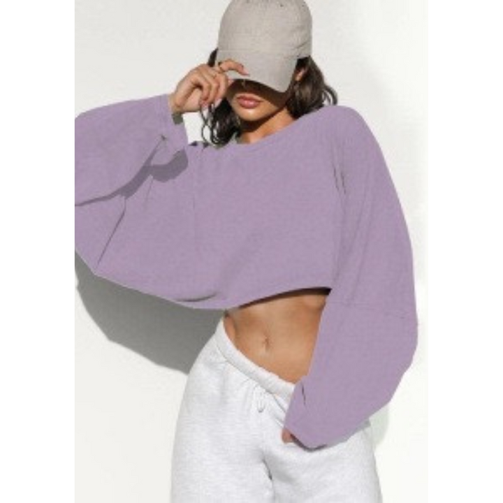 Women’s cropped pullover sweatshirt, lavender crew neck with long sleeves