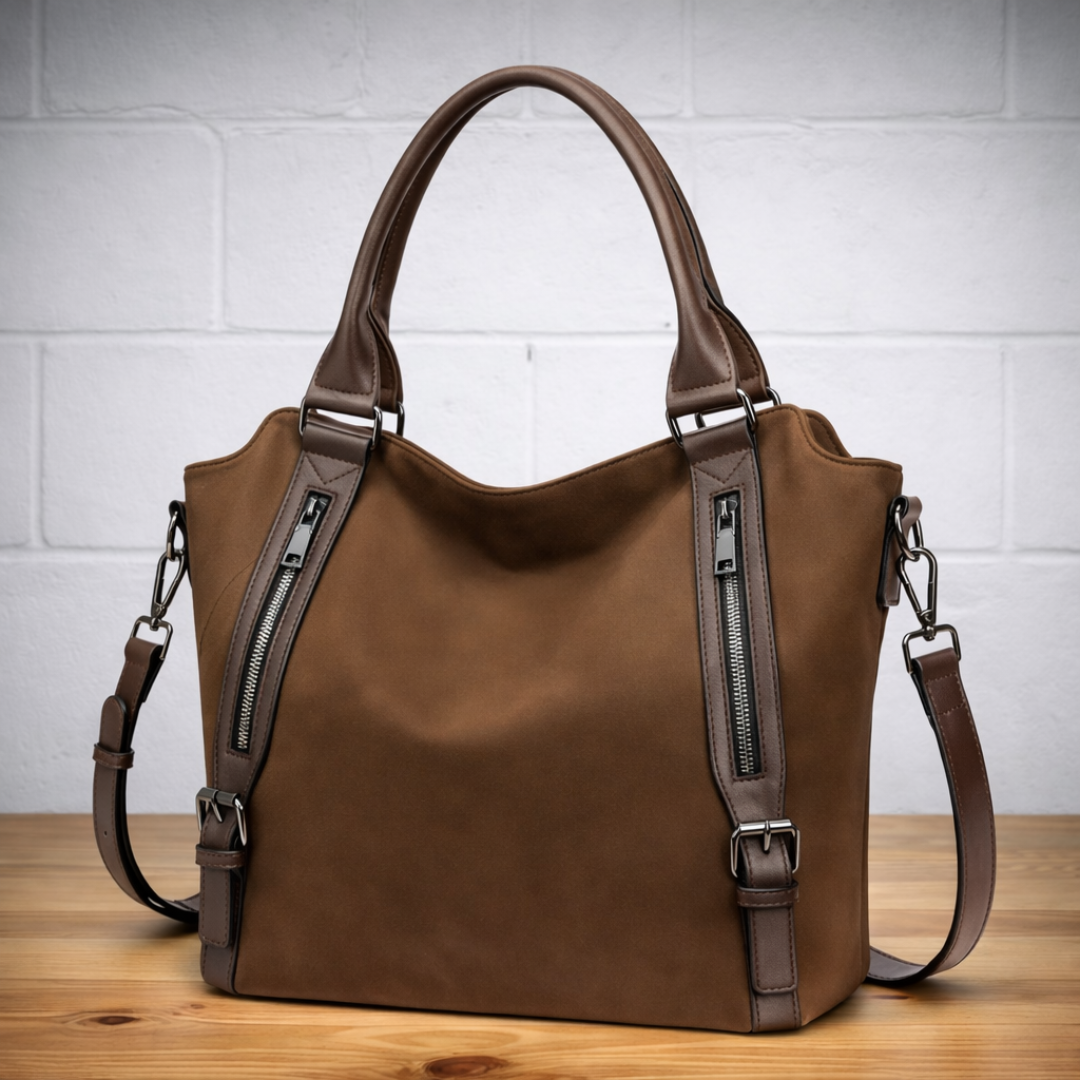 Coffee-brown hobo tote bag with dual zip pockets, top handles, and adjustable crossbody strap