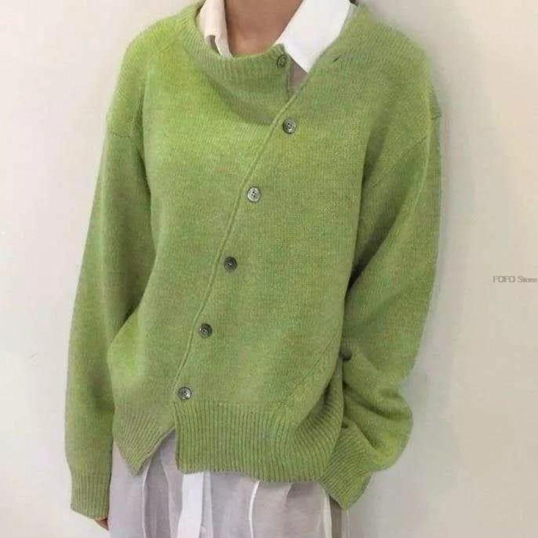 Green asymmetric button cardigan with long sleeves and button-front detail