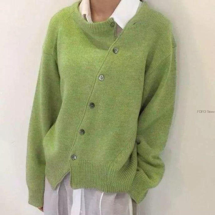 Green asymmetric button cardigan with long sleeves and button-front detail