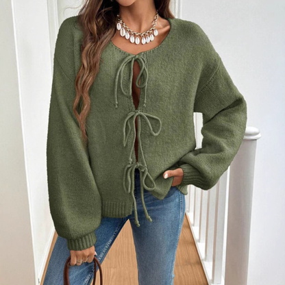 Army green tie-front cardigan with round neck and drawstring lacing, long sleeves