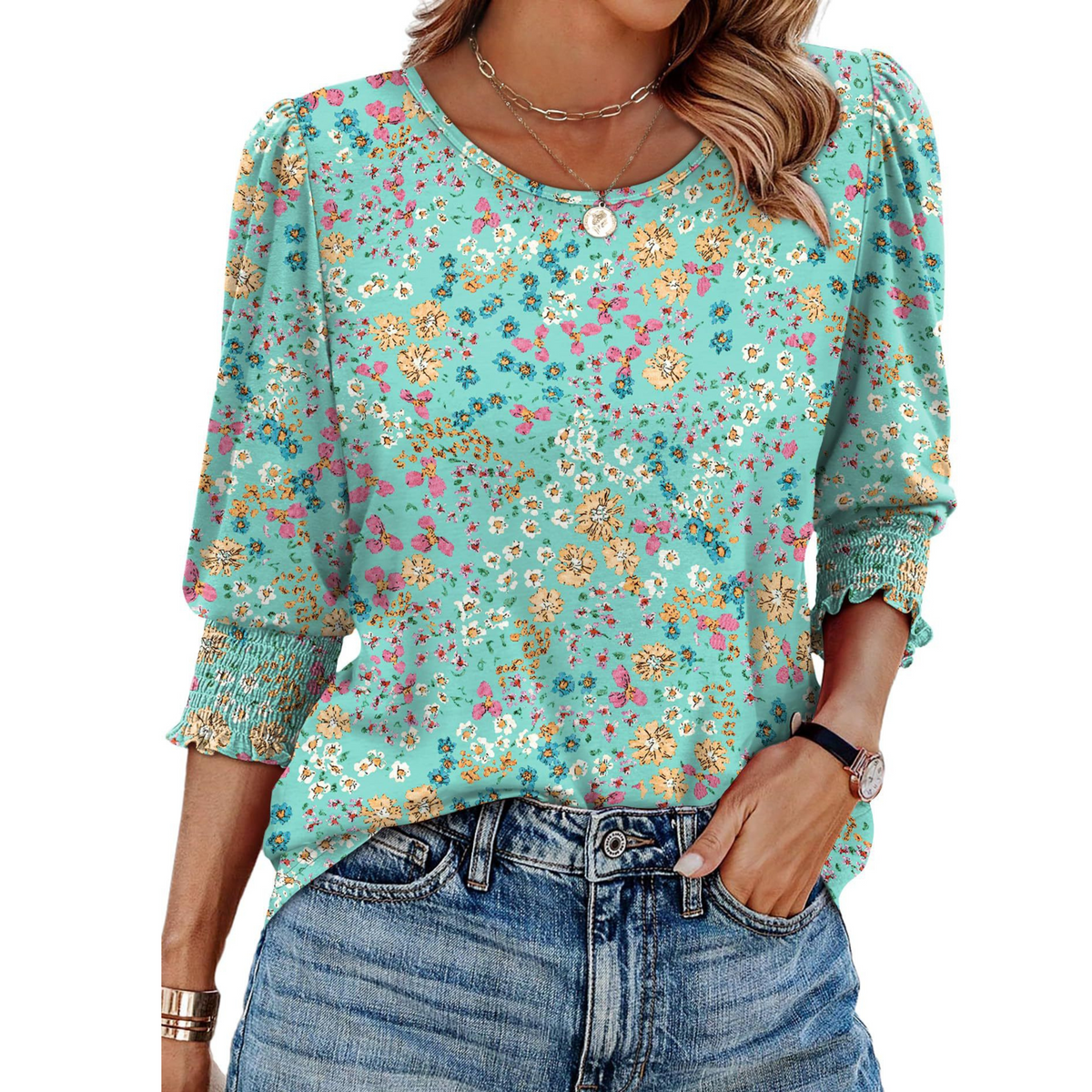 Blue floral women’s smocked sleeve top, round neckline, loose fit