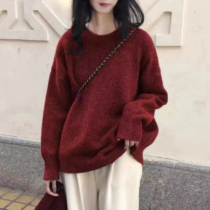 Red casual long-sleeve sweater with round neck and ribbed cuffs and hem