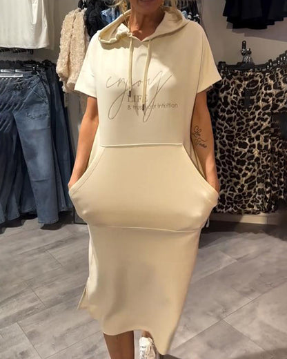Beige long hooded dress with short sleeves, front pocket, drawstring hood