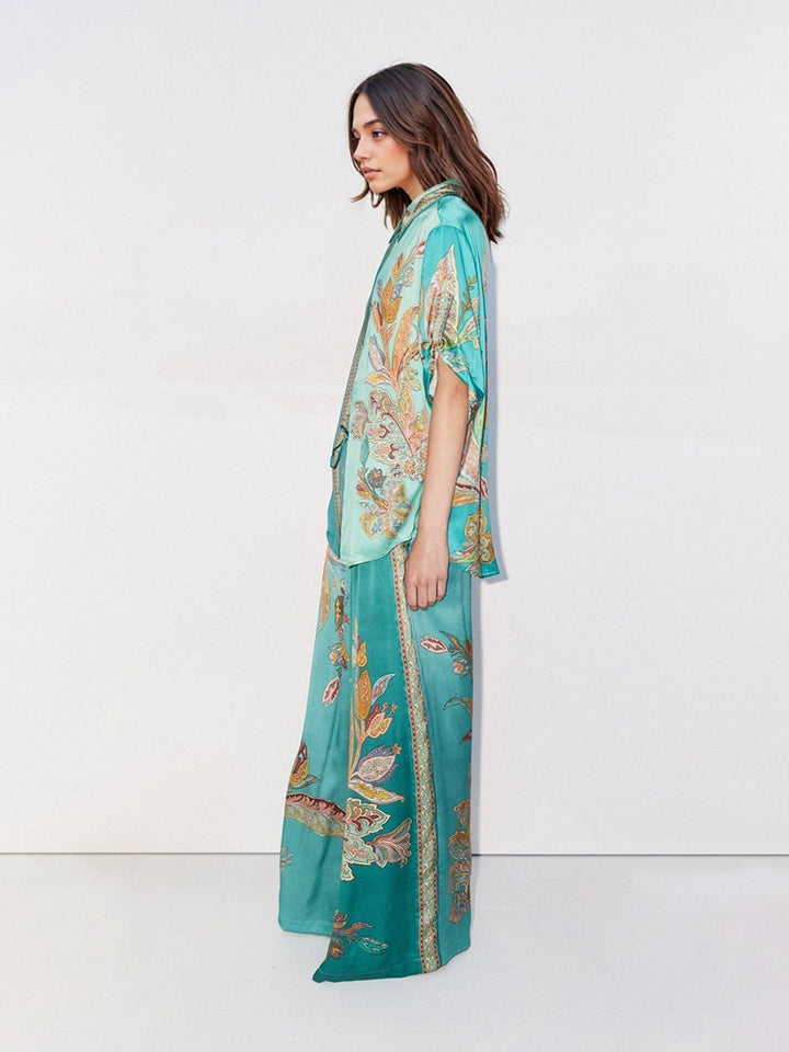 Turquoise paisley two-piece set, draped short-sleeve shirt and wide-leg pants
