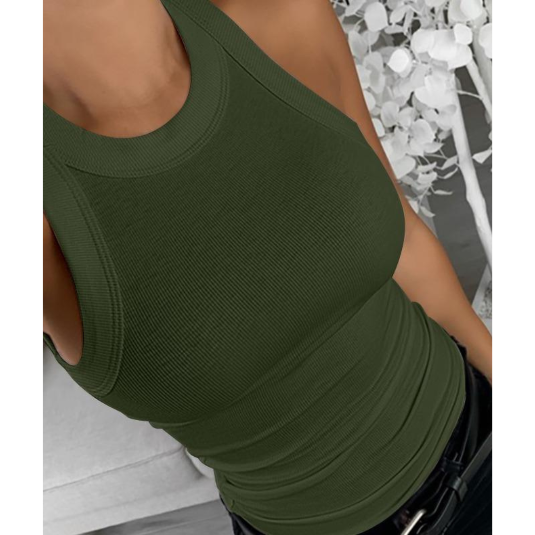 Everyday casual sleeveless pullover in army green, round neckline, fitted stretch knit