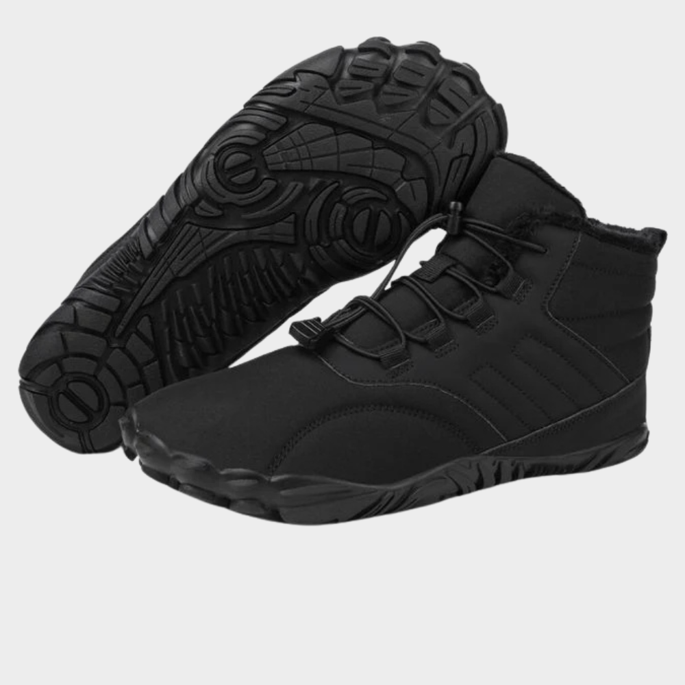 Non-slip waterproof shoes, black lace-up boot with padded collar and heavy tread outsole