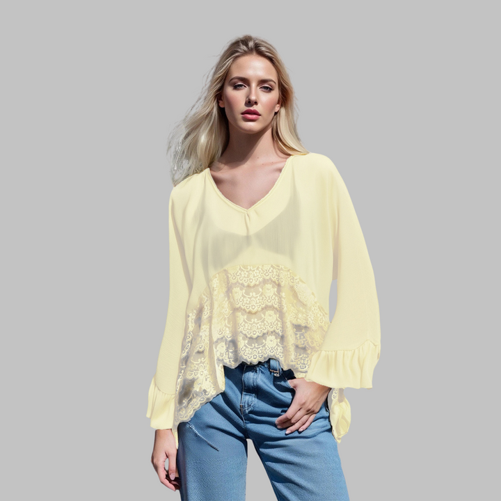 Lemon yellow V-neck batwing cover-up top with lace panel and cuff ruffles