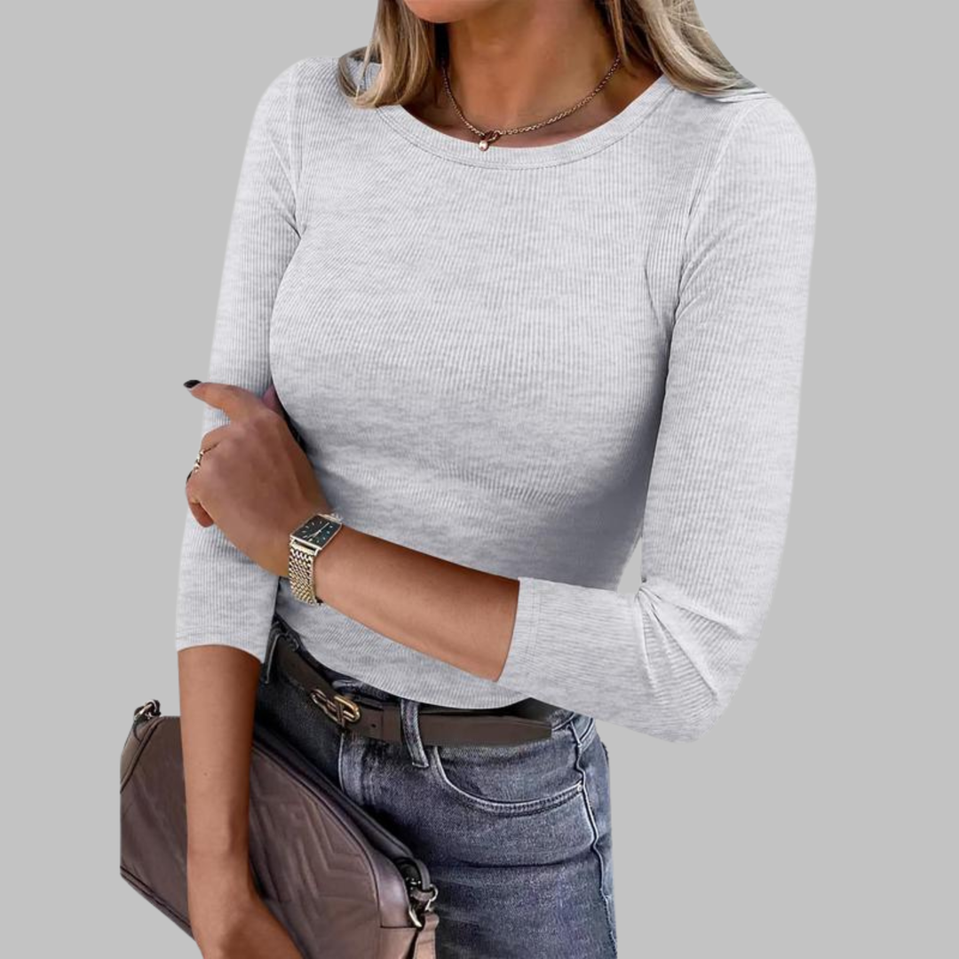 Gray crewneck slim-fit top with long sleeves and ribbed knit texture