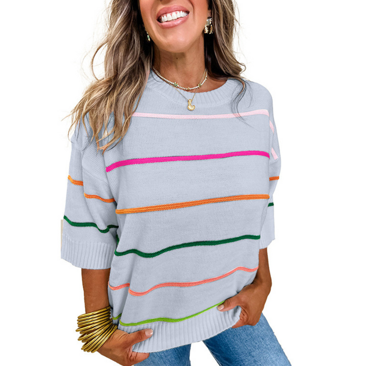 Lightweight striped round-neck top in light blue with colorful horizontal stripe bands