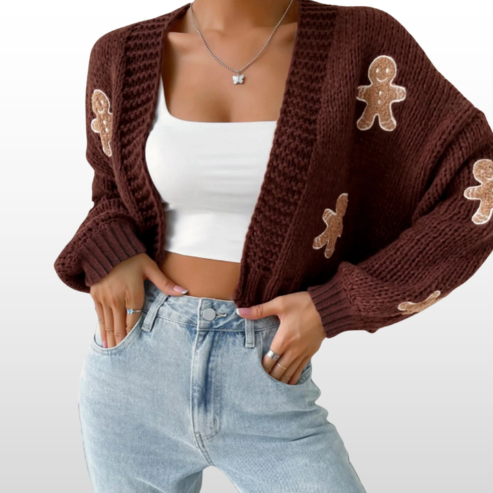 NOIME™ coffee knit cardigan with gingerbread appliques, open front, long sleeves