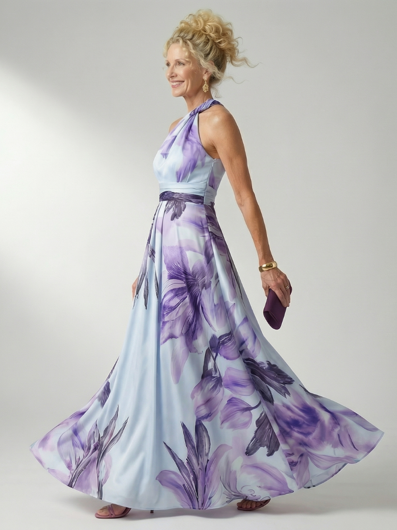 Amiel floral maxi dress, halter neck and flowing skirt, purple and light floral print