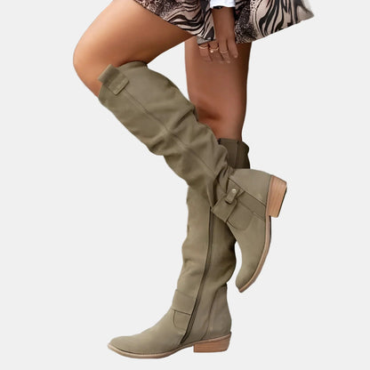 Dark green suede low-heeled mid-calf boots with side zip and cuff strap