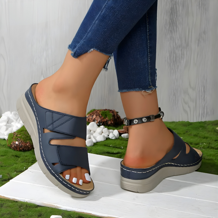 Orthopedic comfort sandals, blue leather-look with adjustable ankle bar and cushioned sole