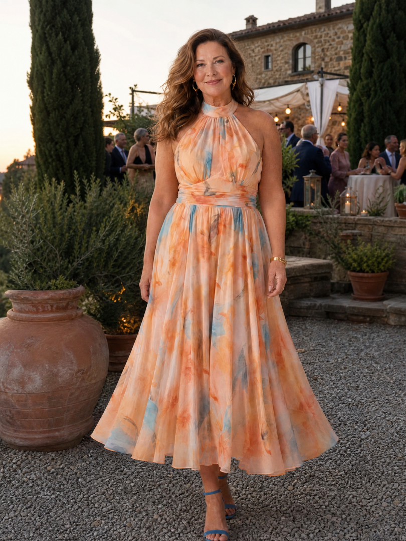 Soft halter midi dress with watercolor print, sleeveless halter bodice, gathered waist