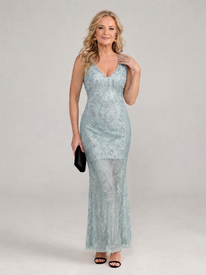 Sky blue sequin sleeveless midi dress with sheer panel and V-neck, full front