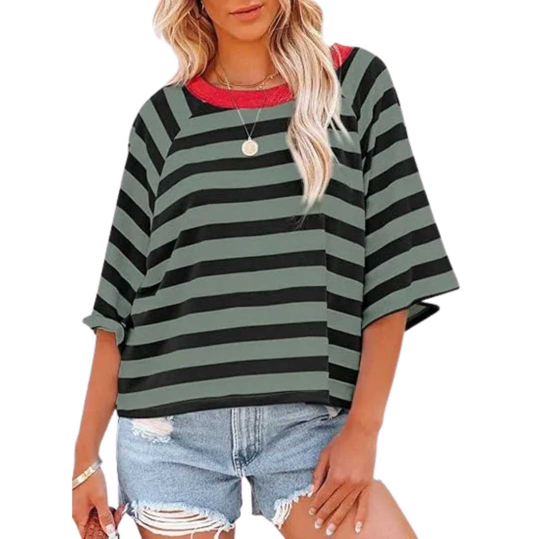 Loose fit crewneck top in dark green and black stripes with red neckline band