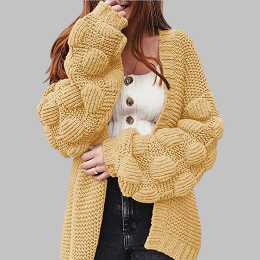 Yellow oversized chunky open-front cardigan with ribbed cuffs and textured knit