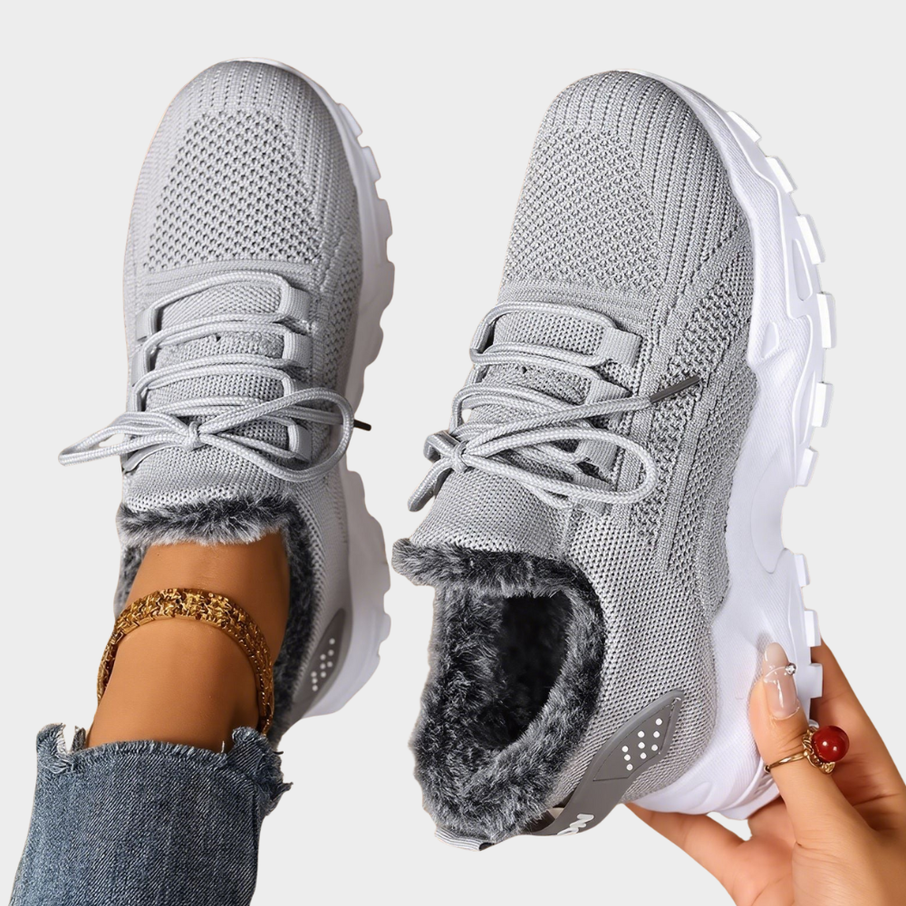 Casual lace-up lightweight sneakers, light gray knit upper with faux-fur cuff and chunky sole
