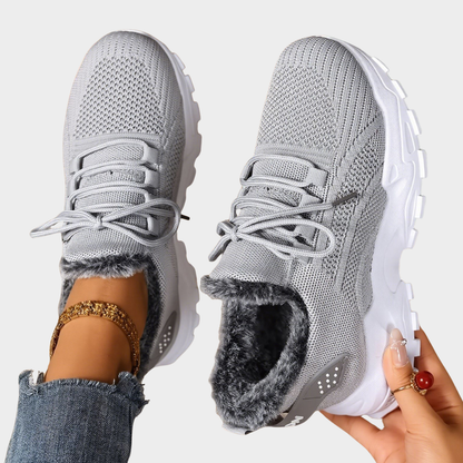 Casual lace-up lightweight sneakers, light gray knit upper with faux-fur cuff and chunky sole