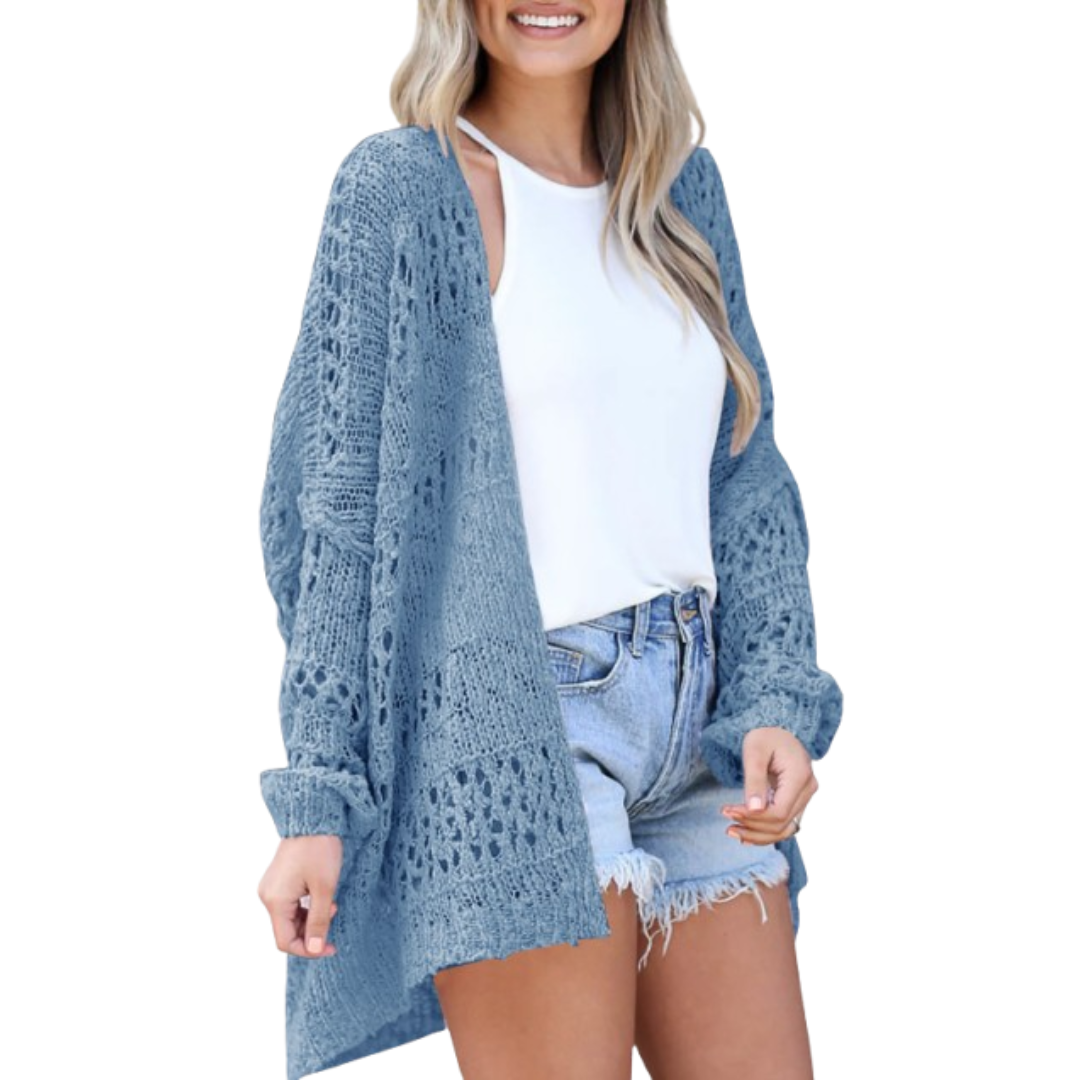 Sky blue open-knit oversized boho summer cardigan, long sleeves, fringe hem