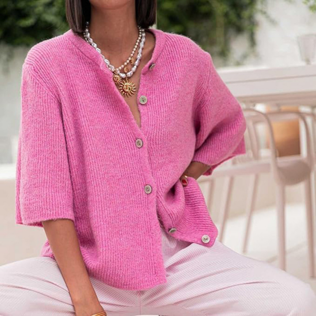 Lightweight short sleeve button cardigan, pink knit with henley-style snap front