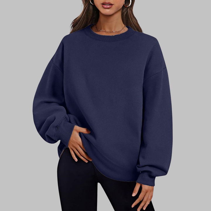 Navy oversized crewneck long sleeve sweater with ribbed cuffs and hem