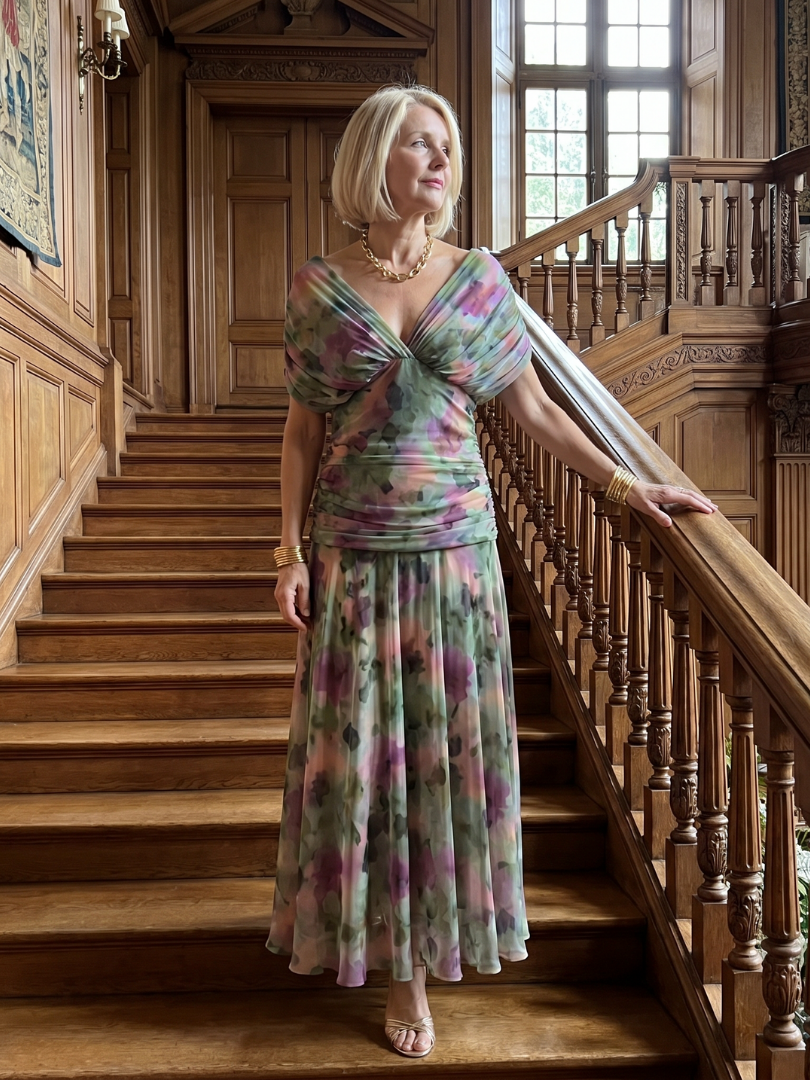 Off-shoulder flow midi dress in multicolor tie-dye with ruched twist bodice and pleated skirt