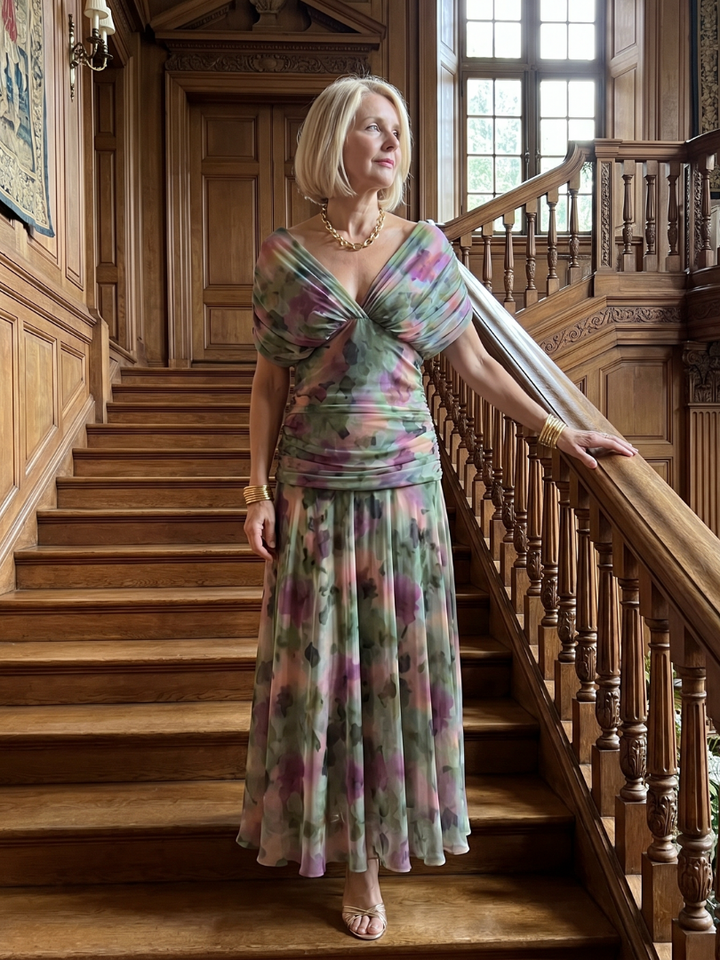 Off-shoulder flow midi dress in multicolor tie-dye with ruched twist bodice and pleated skirt